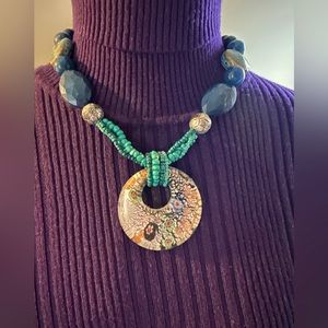 Artisan round, glass, metallic pendant, beaded necklace